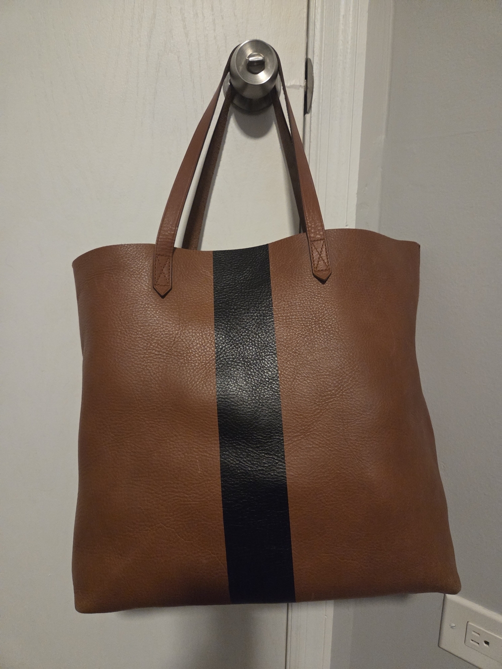 Madewell Leather Tote Bag with Black Center Stripe - Brown